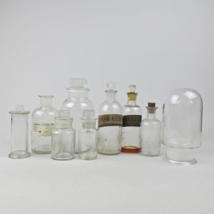 Glass chemist bottles x 9