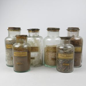 Vintage apothecary jars with contents x 6